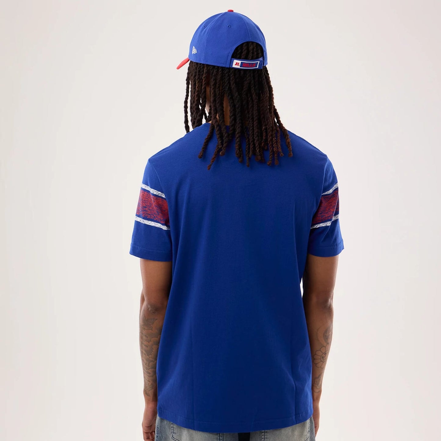 The model is wearing this NFL Sideline 2026 Buffalo Bills T-Shirt in blue. 2