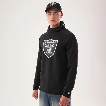 The model is wearing this NFL Sideline 2026 Las Vegas Raiders Balaclava Hoodie in black. 1