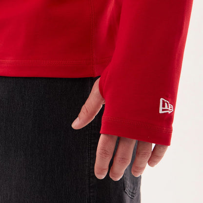 The model is wearing this NFL Sideline 2026 Kansas City Chiefs Balaclava Hoodie in red. 5