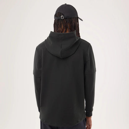 The model is wearing this NFL Sideline 2026 Denver Broncos Double Sleeve Hoodie in black. 2