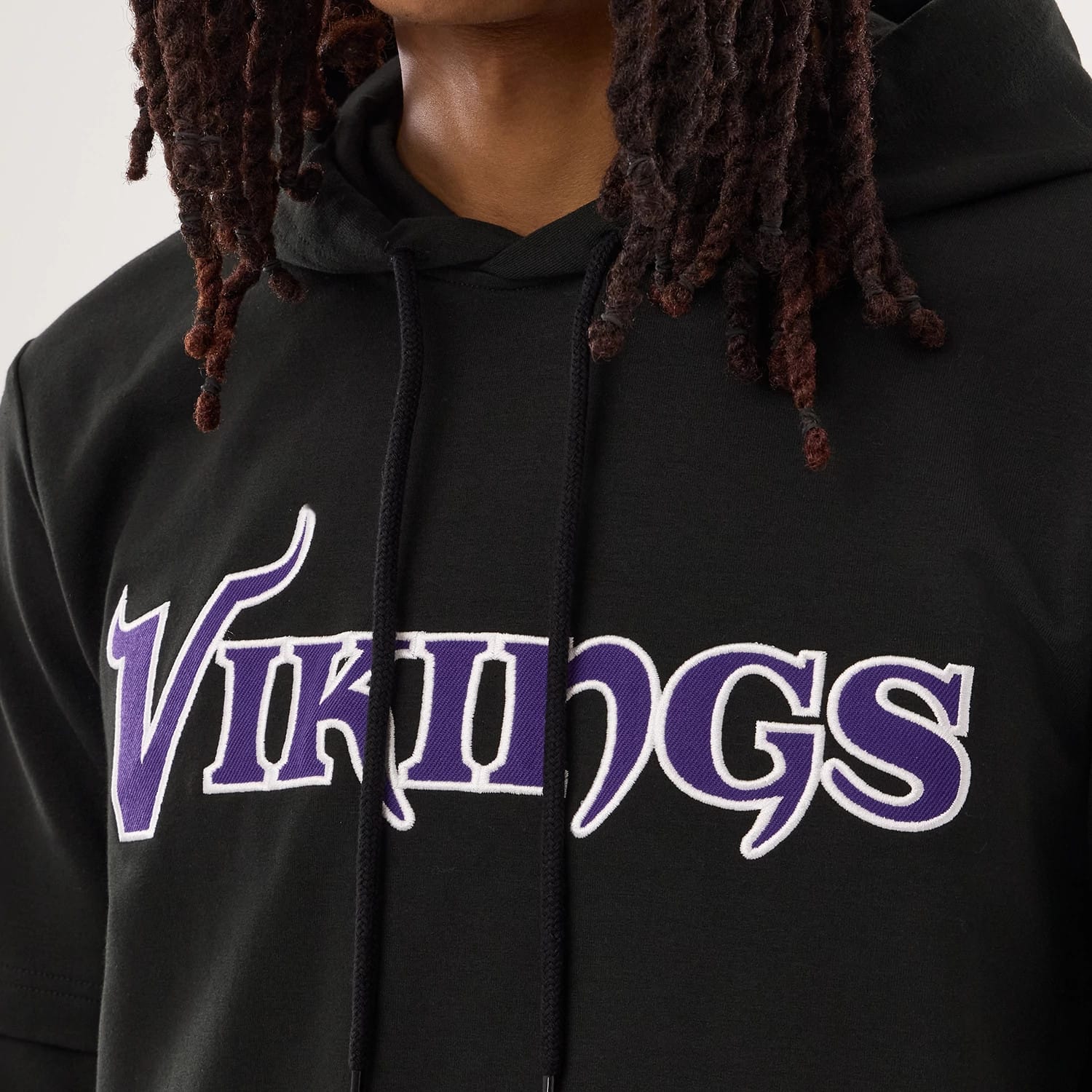 The model is wearing this NFL Sideline 2026 Minnesota Vikings Double Sleeve Hoodie in black. 3