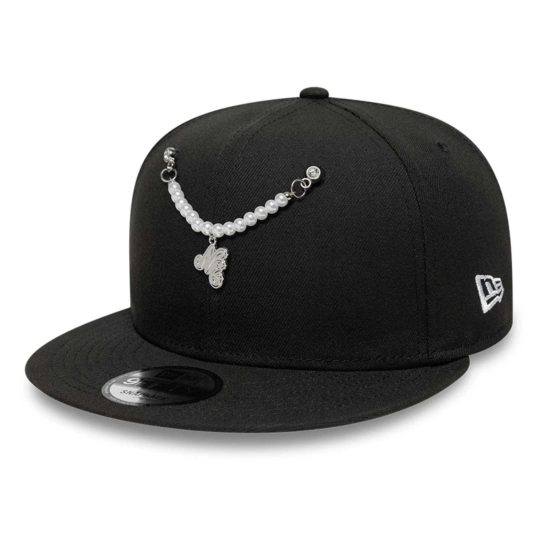 Pictured is this New Era Faux Pearl Chain Pin Badge in silver. 2