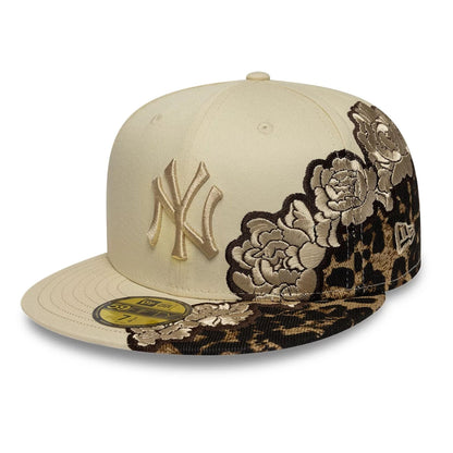 Pictured is this MLB Floral Leopard New York Yankees 59FIFTY Fitted cap in light beige. 1