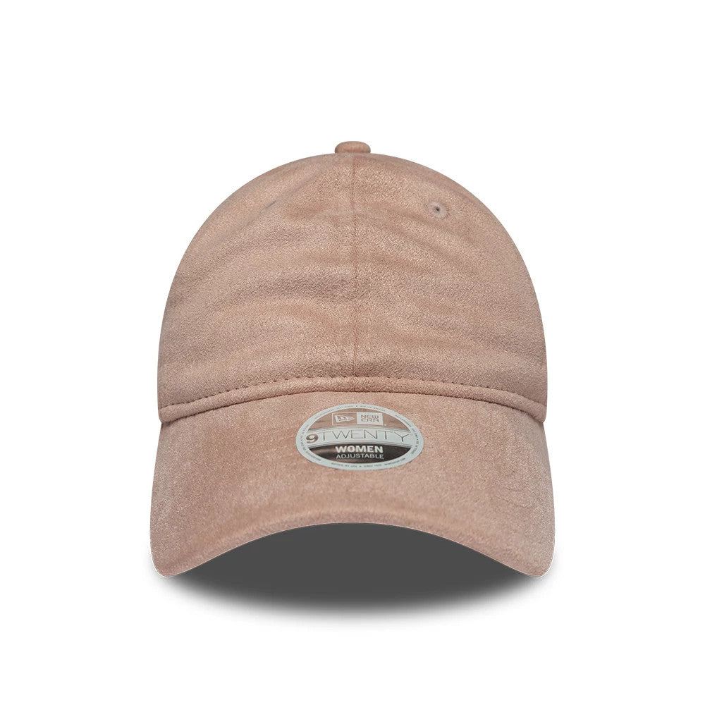 Womens New Era Textured Dusty Pink 9TWENTY Adjustable Cap, front view showing the dusty pink curved visor and crown with a 9TWENTY size sticker, highlighting the texture and top button.