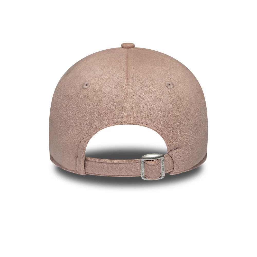 Womens New Era Textured Dusty Pink 9TWENTY Adjustable Cap, rear view showing the textured dusty pink fabric with circular patterns, small embroidered eyelets, and an adjustable strap with a small buckle detail.