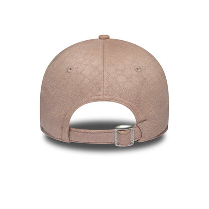 Womens New Era Textured Dusty Pink 9TWENTY Adjustable Cap, rear view showing the textured dusty pink fabric with circular patterns, small embroidered eyelets, and an adjustable strap with a small buckle detail.
