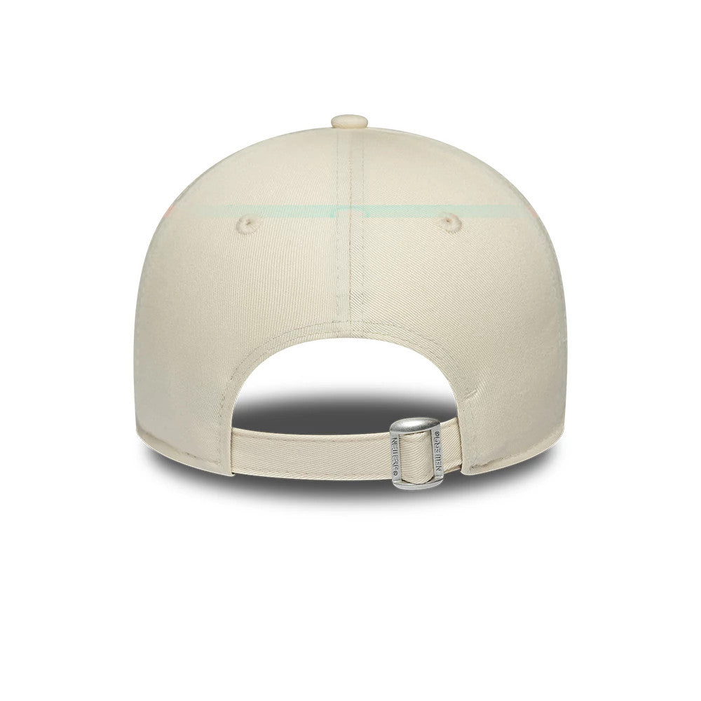 New York Yankees Womens MLB Floral Cream & Yellow New Era 9FORTY Adjustable Cap, rear view showcasing an embroidered MLB Batterman logo at the centre back, cream-coloured crown with top button, and an adjustable strap with buckle.