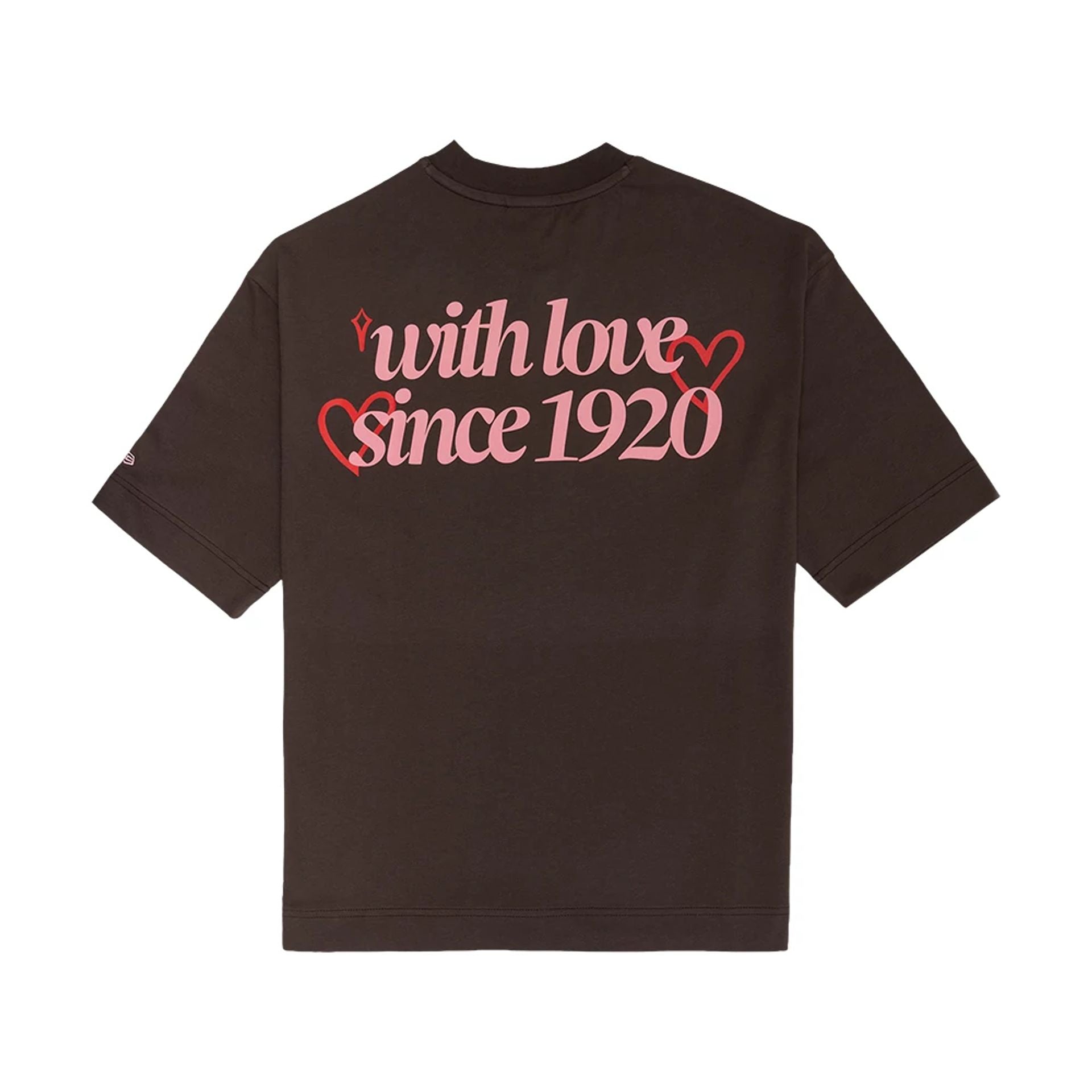 The model is wearing this New Era Love Graphic T-Shirt in dark brown. 2