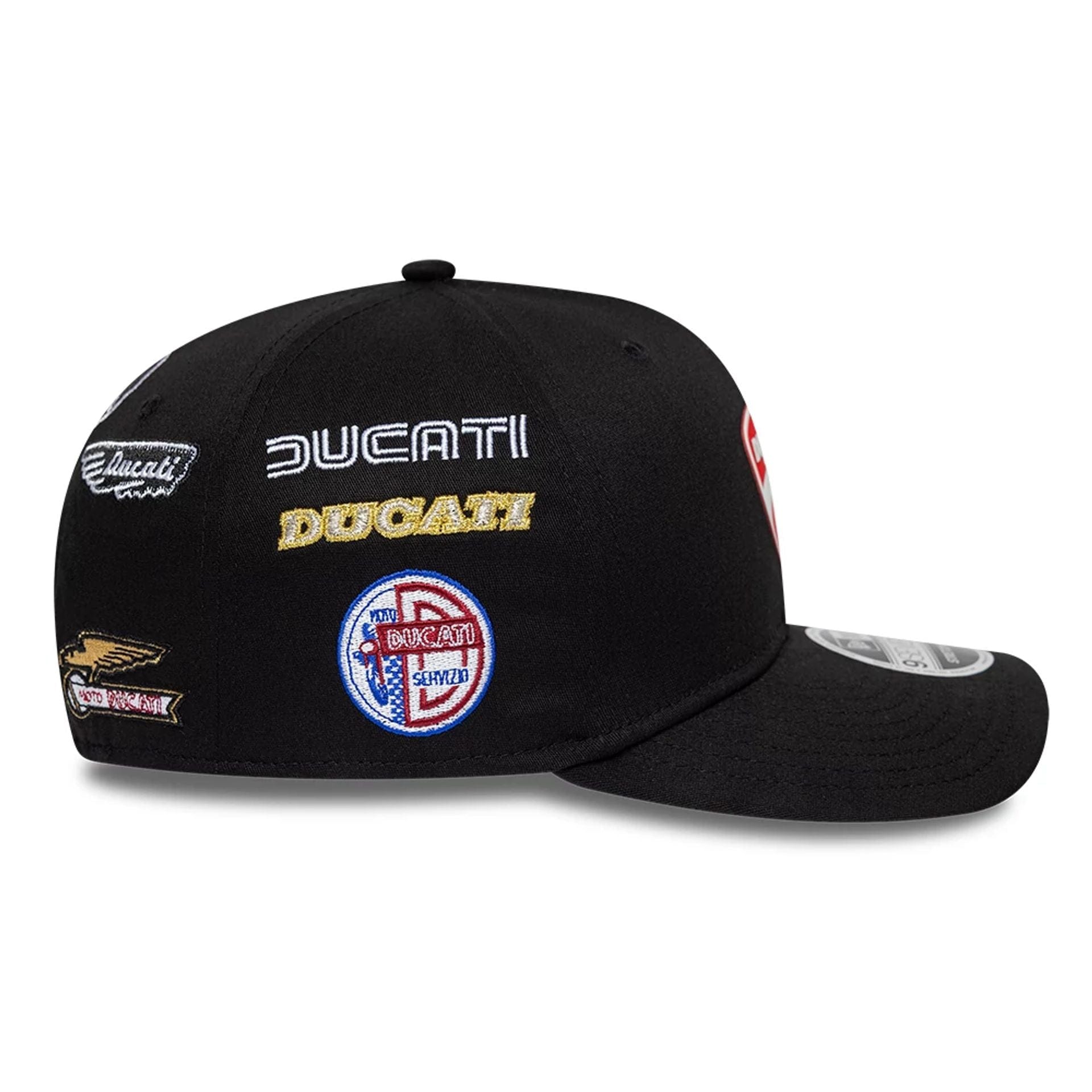 Pictured is this Ducati Motor Logo Patch 9SEVENTY Stretch Snap cap in black. 6