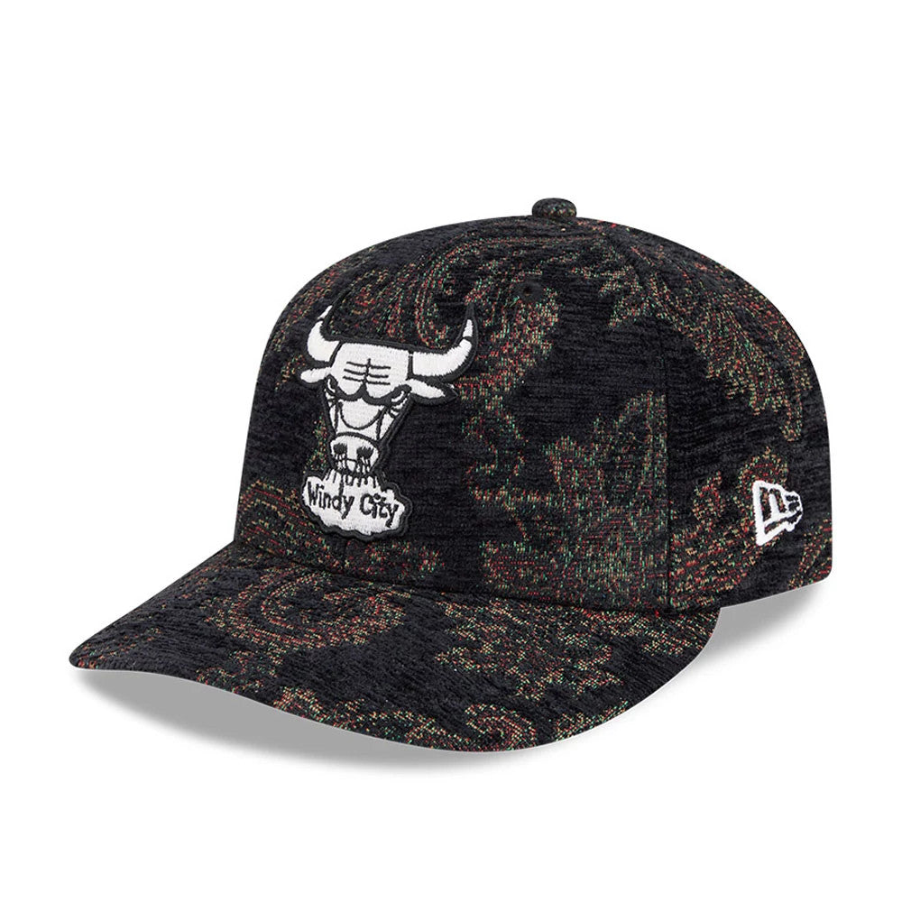 Pictured is this NBA Jacquard Chenille Chicago Bulls 59FIFTY Fitted cap in black. 1