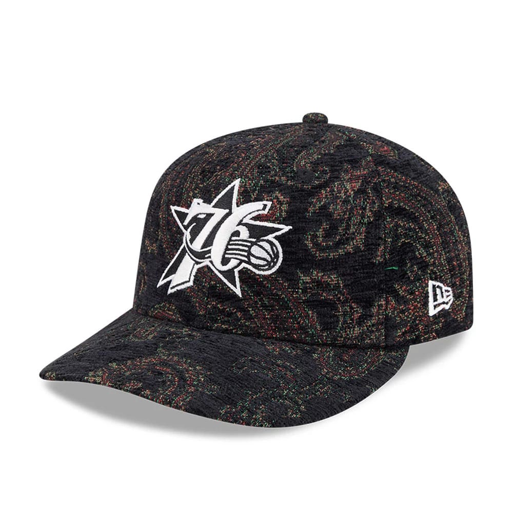 Pictured is this NBA Jacquard Chenille Philadelphia 76ers 59FIFTY Fitted cap in black. 1