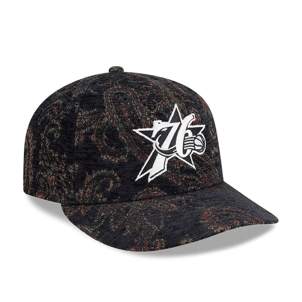 Pictured is this NBA Jacquard Chenille Philadelphia 76ers 59FIFTY Fitted cap in black. 4
