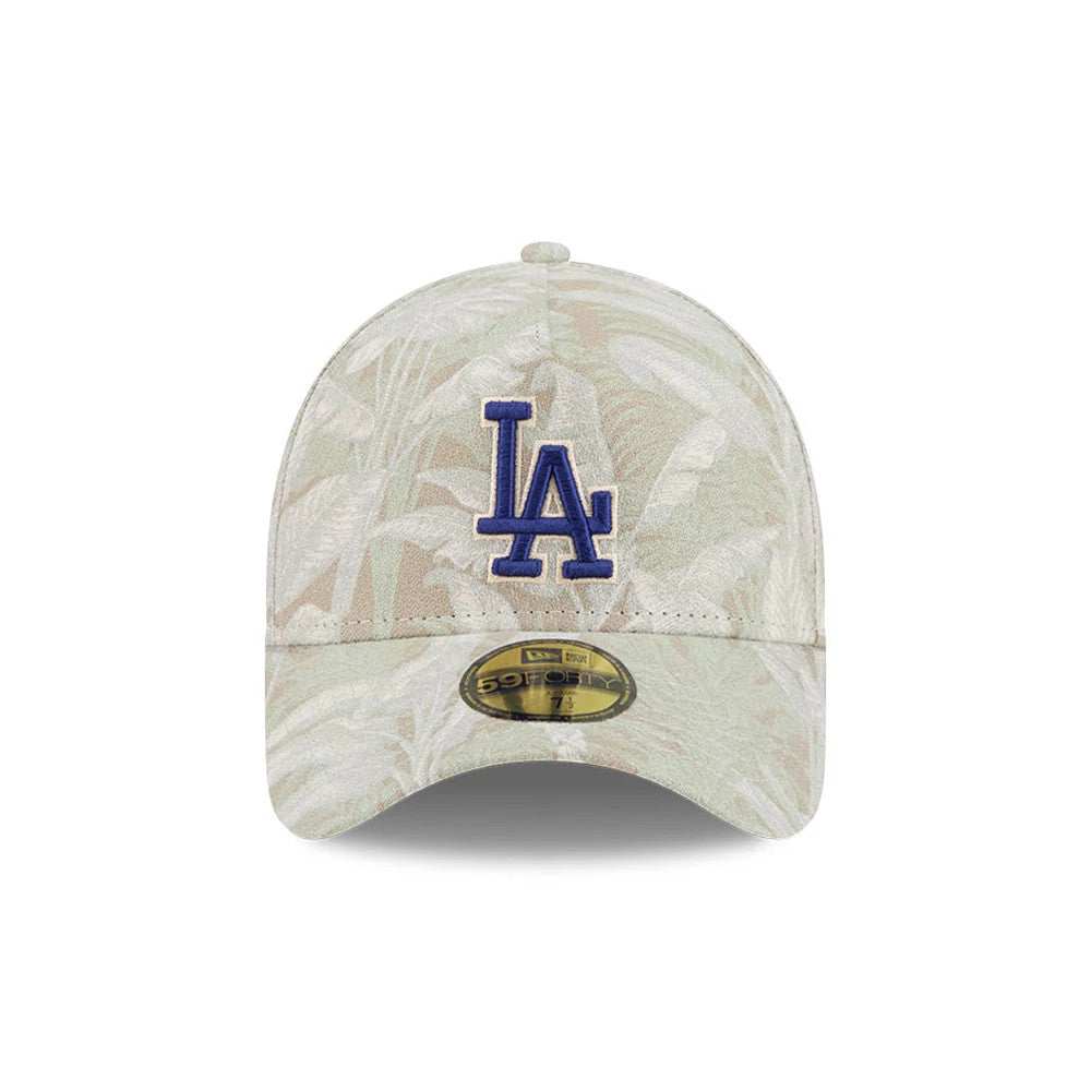 Pictured is this MLB Leafy Palm LA Dodgers 59FORTY A-Frame Fitted cap in light beige. 3