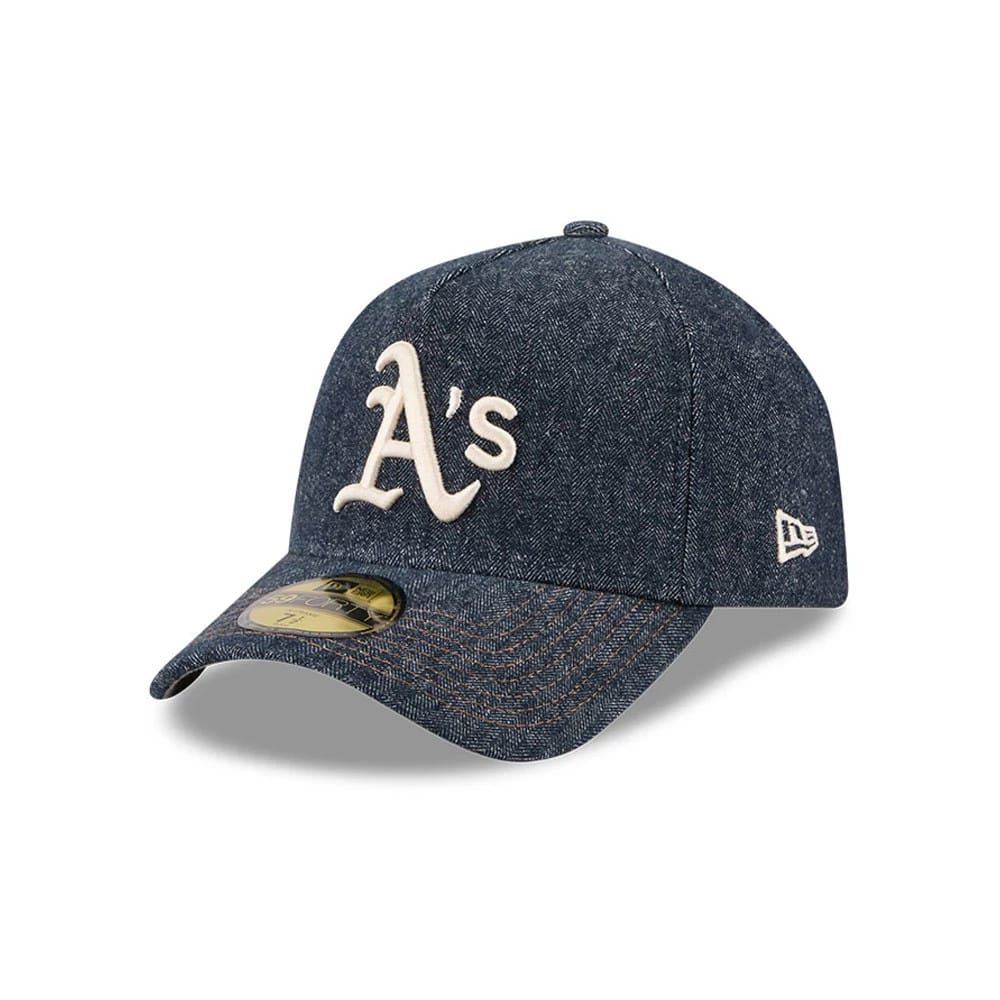Pictured is this MLB Quickstrike Herringbone Denim Athletics 59FORTY A-Frame Fitted cap in navy. 1