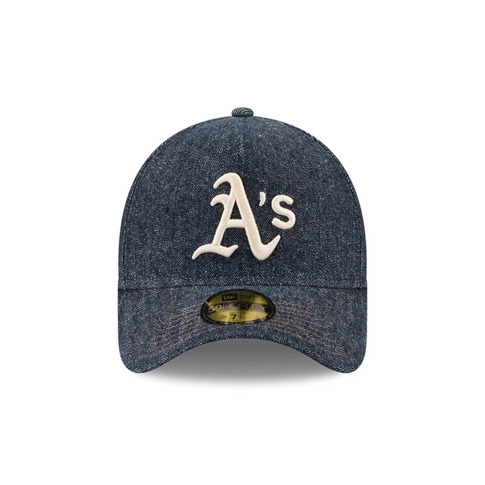 Pictured is this MLB Quickstrike Herringbone Denim Athletics 59FORTY A-Frame Fitted cap in navy. 3