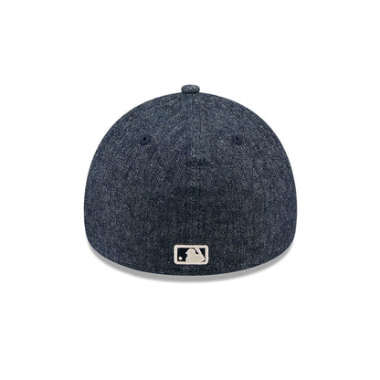 Pictured is this MLB Quickstrike Herringbone Denim Athletics 59FORTY A-Frame Fitted cap in navy. 6