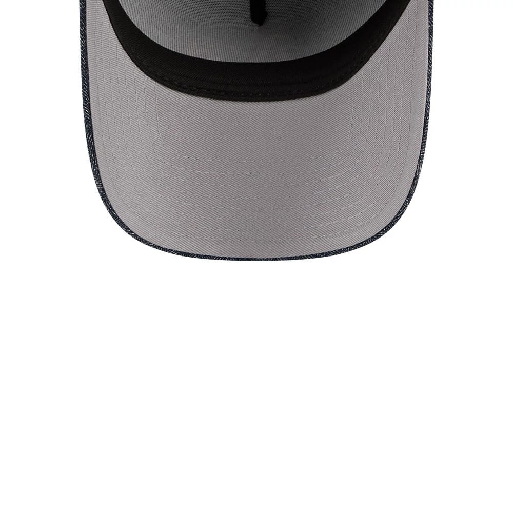 Pictured is this MLB Quickstrike Herringbone Denim Athletics 59FORTY A-Frame Fitted cap in navy. 2