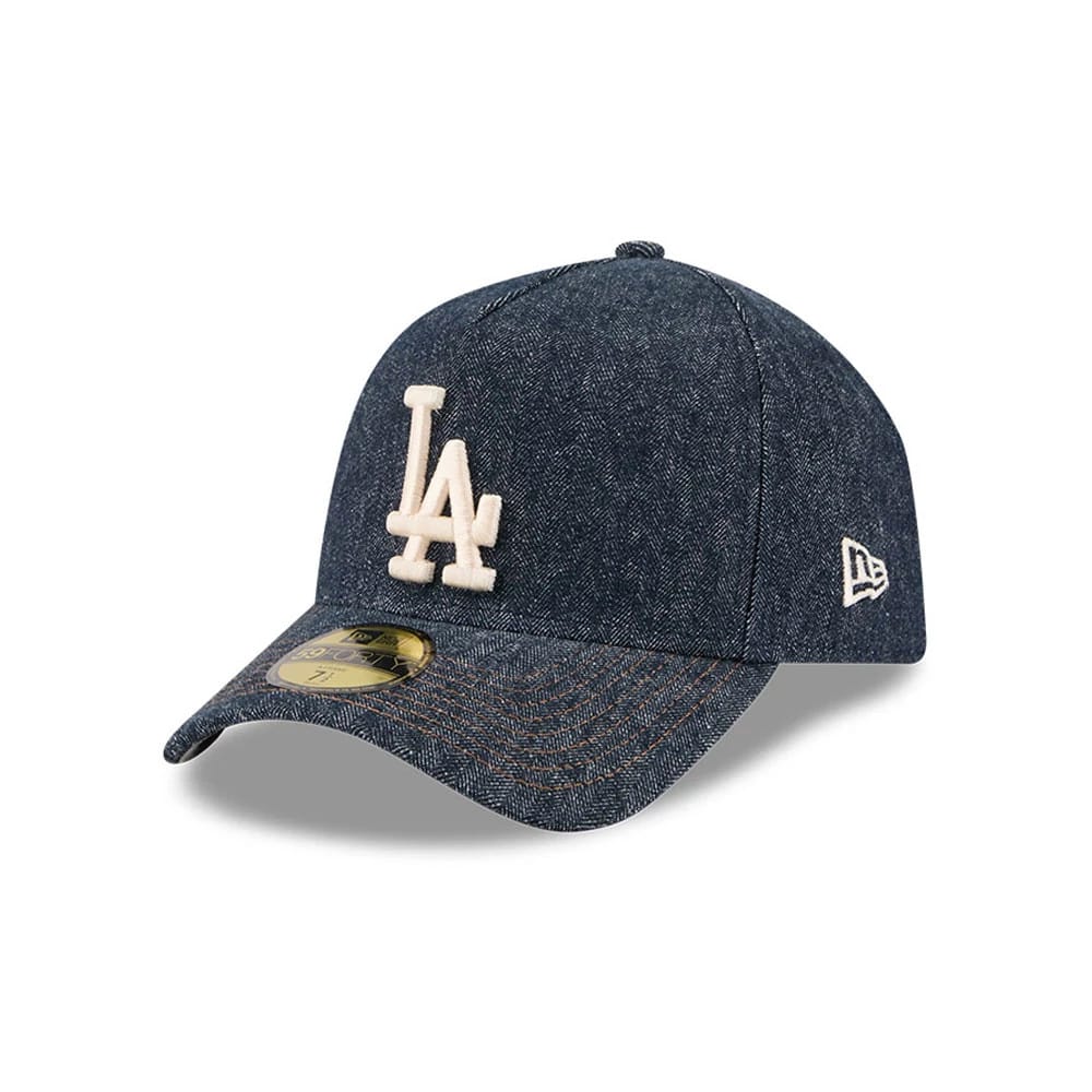 Pictured is this MLB Quickstrike Herringbone Denim LA Dodgers 59FORTY A-Frame Fitted cap in navy. 1
