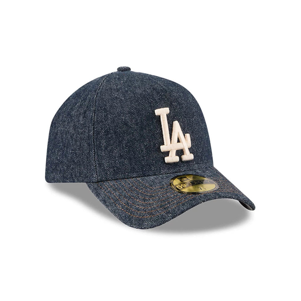 Pictured is this MLB Quickstrike Herringbone Denim LA Dodgers 59FORTY A-Frame Fitted cap in navy. 4