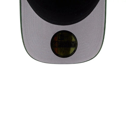 Pictured is this MLB Quickstrike Snow Wash Cord Athletics 59FORTY A-Frame Fitted cap in dark green. 2