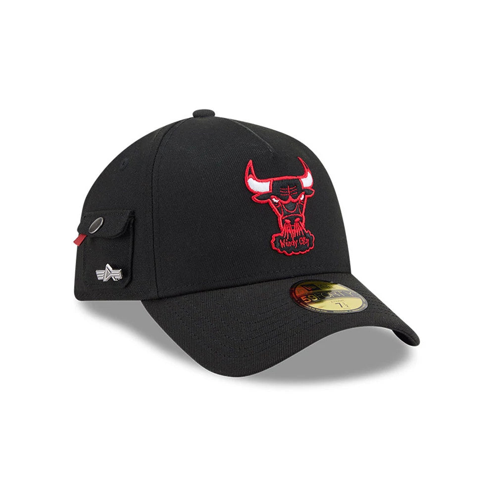 Pictured is this NBA X Alpha Chicago Bulls 59FORTY A-Frame Fitted cap in Black. 3