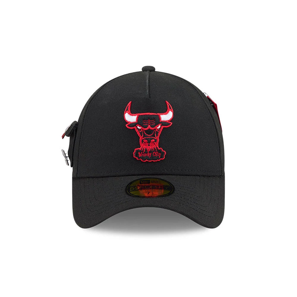 Pictured is this NBA X Alpha Chicago Bulls 59FORTY A-Frame Fitted cap in Black. 2