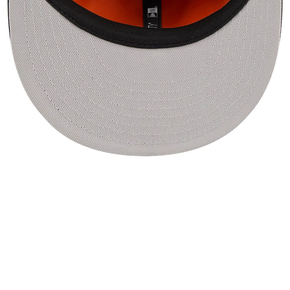 New York Yankees MLB X Alpha Black New Era 59FIFTY Fitted Cap, inside view showing an orange sweatband, a light grey undervisor with stitching, and central black taping featuring the New Era logo along with MLB branding.