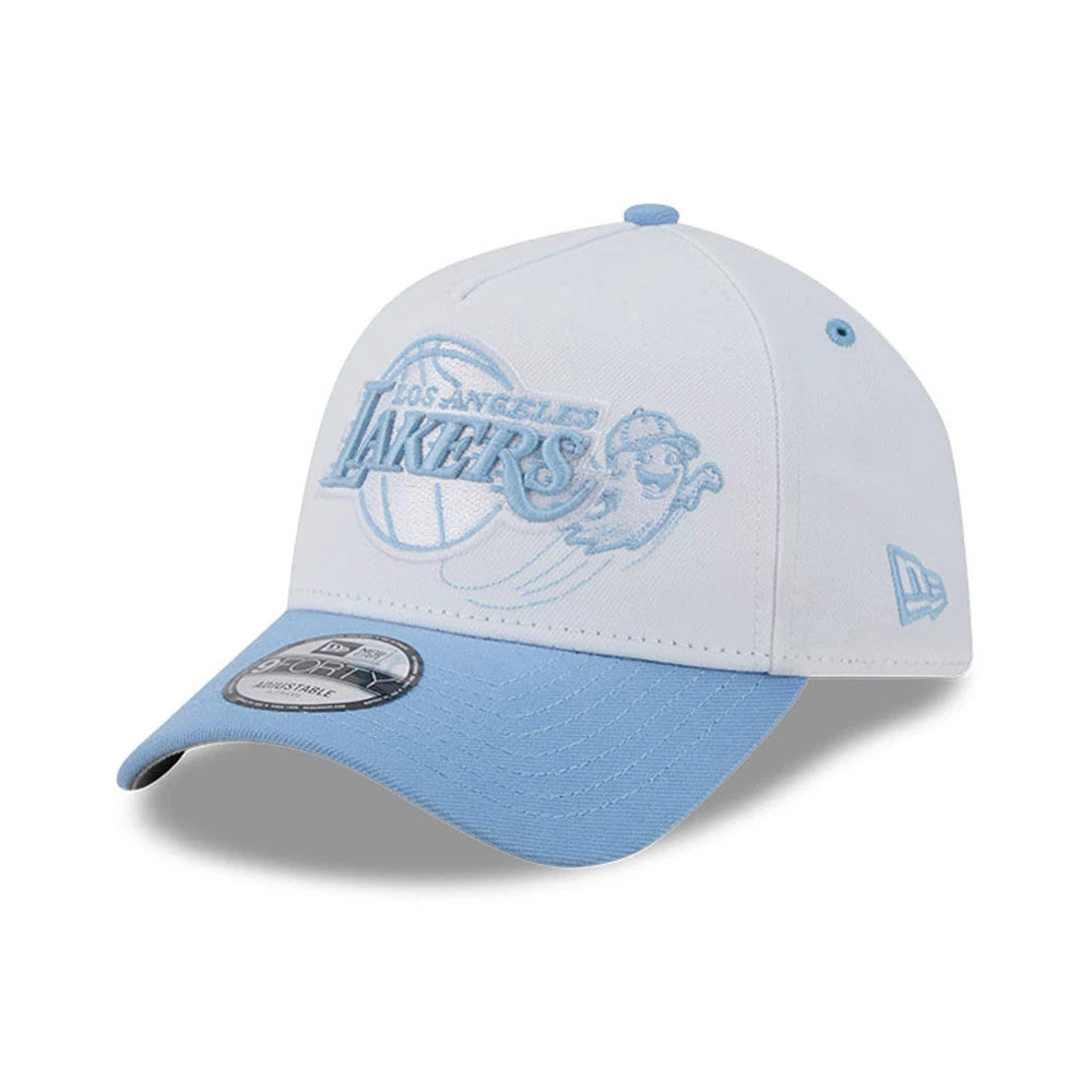 LA Lakers NBA Halloween White New Era 9FORTY A-Frame Adjustable Cap, three-quarter view showing light blue embroidered Lakers logo on white front panel, light blue structured crown, curved light blue visor, and 9FORTY size sticker on the visor.