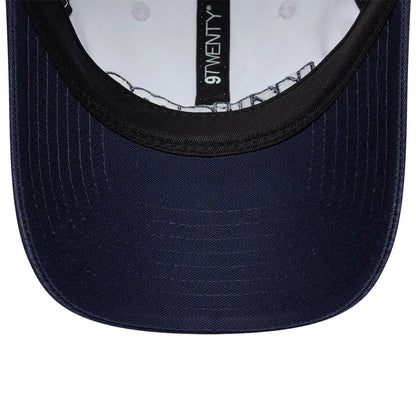 Williams Suzuka Race Special White New Era 9TWENTY Adjustable Cap, inside view showing a navy undervisor with detailed stitching, white sweatband, and a black taping strap running along the centre with '9TWENTY' in white lettering.
