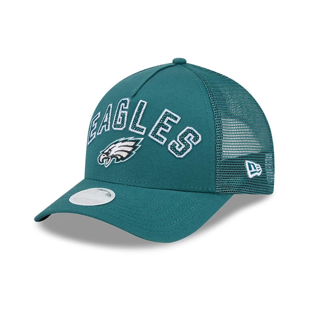 Pictured is this Womens NFL Philadelphia Eagles 9FORTY M-Crown A-Frame Trucker cap in dark green. 1
