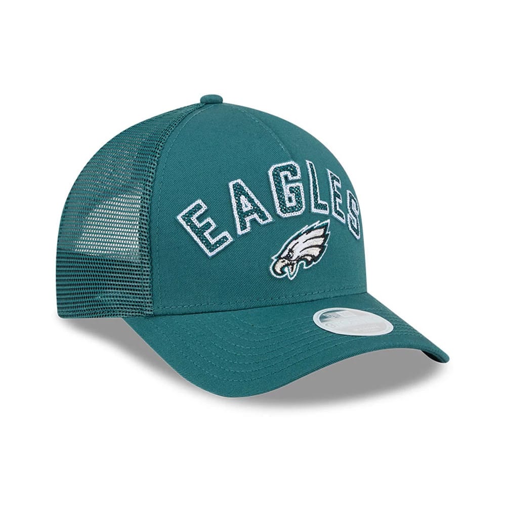 Pictured is this Womens NFL Philadelphia Eagles 9FORTY M-Crown A-Frame Trucker cap in dark green. 3