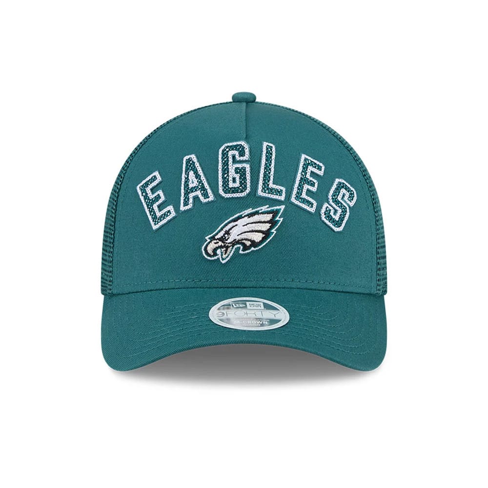 Pictured is this Womens NFL Philadelphia Eagles 9FORTY M-Crown A-Frame Trucker cap in dark green. 2