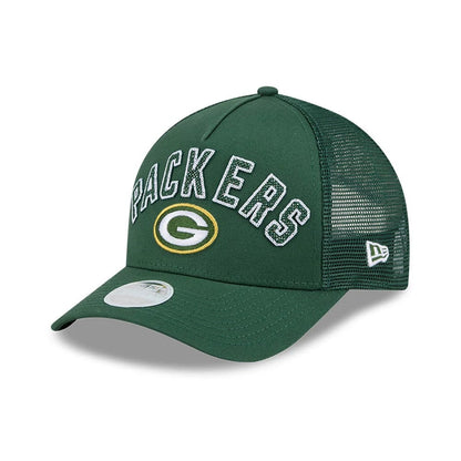 Pictured is this Womens NFL Green Bay Packers 9FORTY M-Crown A-Frame Trucker cap in dark green. 1