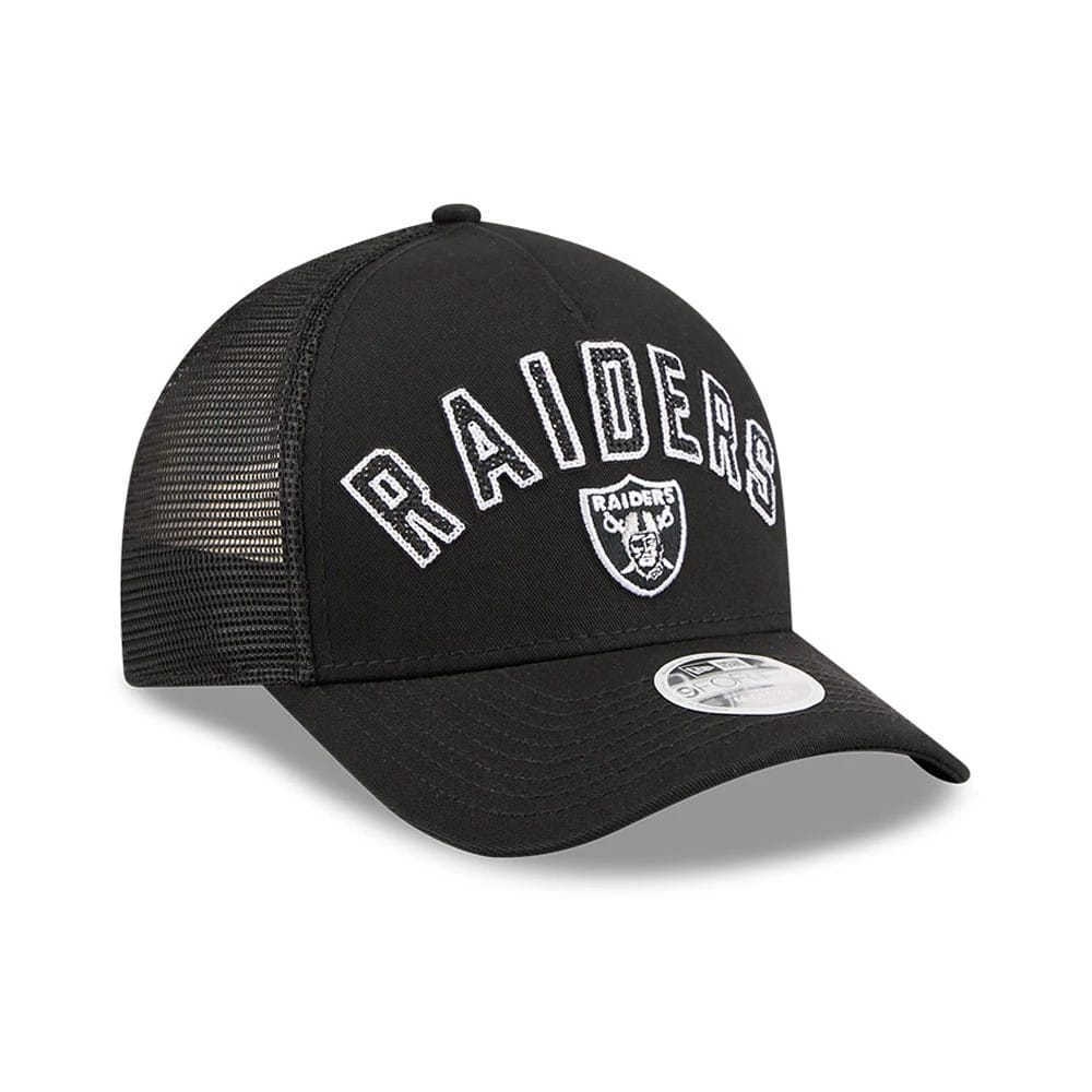 Pictured is this Womens NFL Las Vegas Raiders 9FORTY M-Crown A-Frame Trucker cap in black. 3