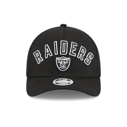 Pictured is this Womens NFL Las Vegas Raiders 9FORTY M-Crown A-Frame Trucker cap in black. 2