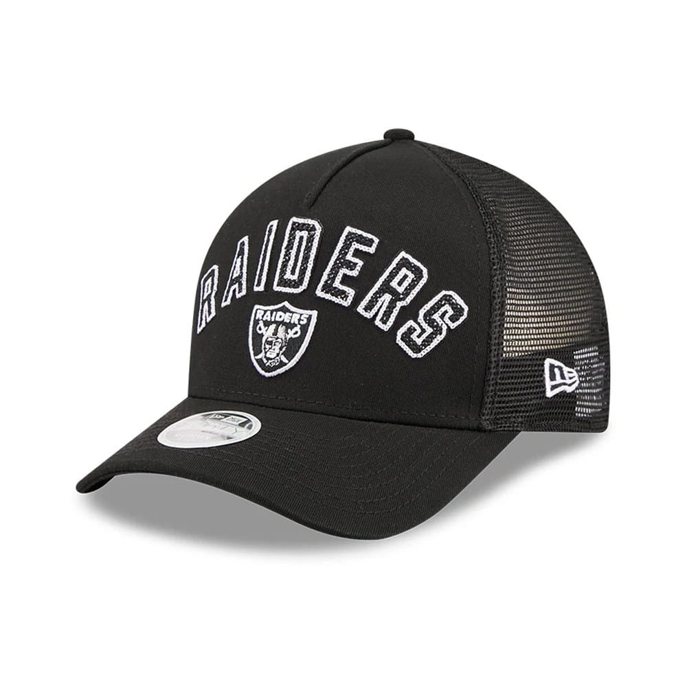 Pictured is this Womens NFL Las Vegas Raiders 9FORTY M-Crown A-Frame Trucker cap in black. 1