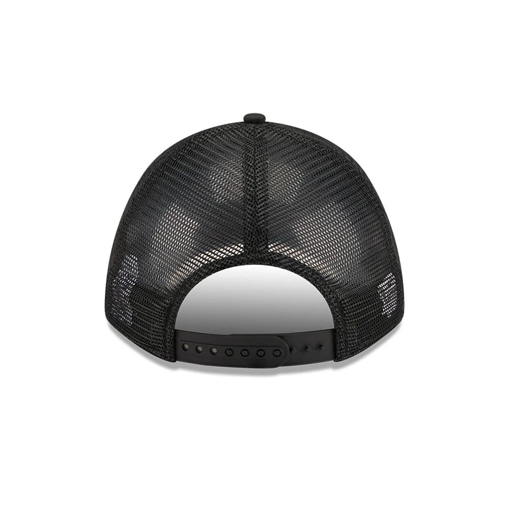 Pictured is this Womens NFL Las Vegas Raiders 9FORTY M-Crown A-Frame Trucker cap in black. 4
