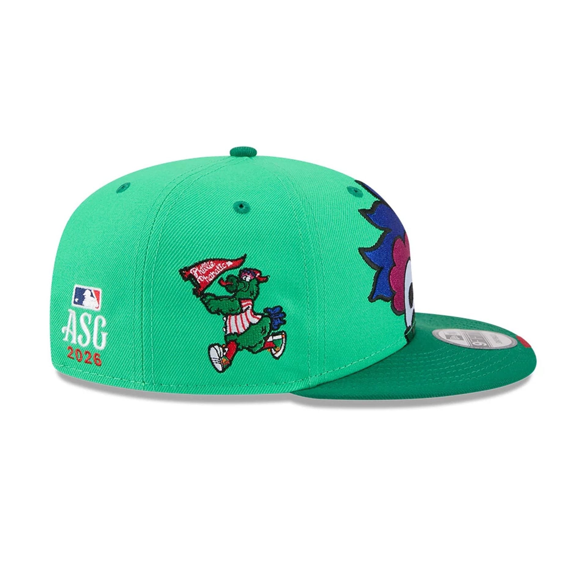 Pictured is this MLB All Star Game Philadelphia Phillies 9FIFTY Snapback cap in bright green. 5