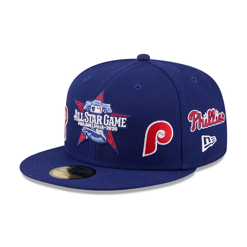 Pictured is this MLB All Star Game Philadelphia Phillies 59FIFTY Fitted cap in dark blue. 1