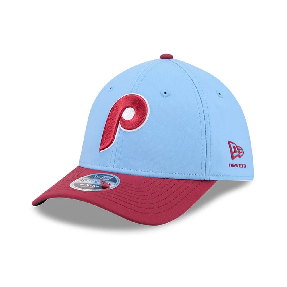 Pictured is this MLB All Star Game Philadelphia Phillies 39THIRTY M-Crown Stretch Fit cap in pastel blue. 4