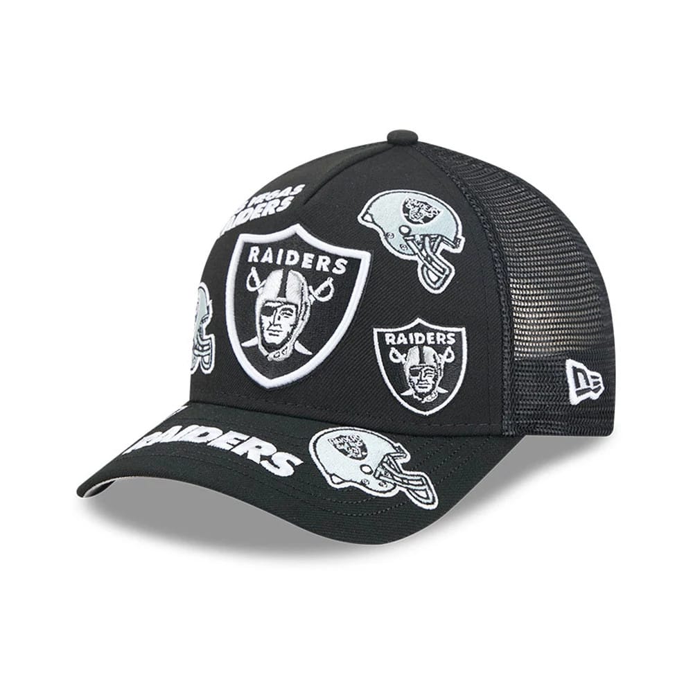 Pictured is this NFL All Over Las Vegas Raiders 9FORTY M-Crown A-Frame Trucker cap in black. 1