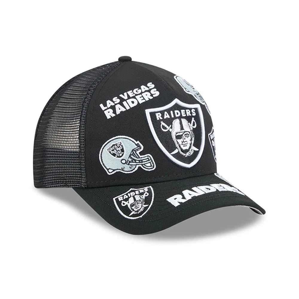 Pictured is this NFL All Over Las Vegas Raiders 9FORTY M-Crown A-Frame Trucker cap in black. 4
