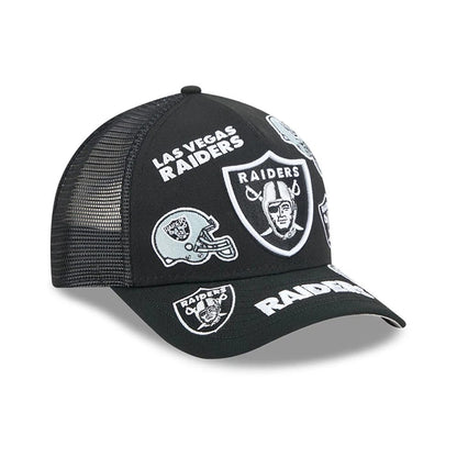 Pictured is this NFL All Over Las Vegas Raiders 9FORTY M-Crown A-Frame Trucker cap in black. 4