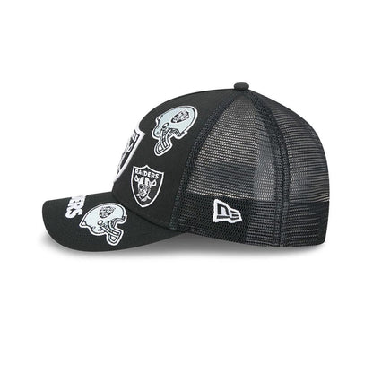 Pictured is this NFL All Over Las Vegas Raiders 9FORTY M-Crown A-Frame Trucker cap in black. 5