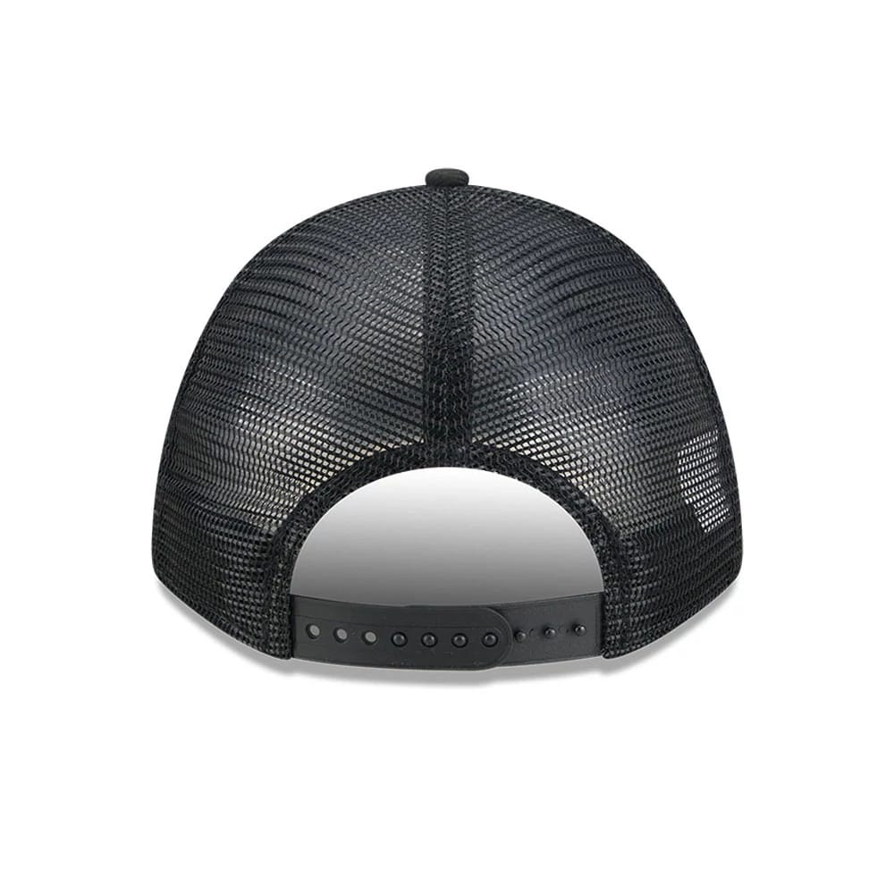 Pictured is this NFL All Over Las Vegas Raiders 9FORTY M-Crown A-Frame Trucker cap in black. 7