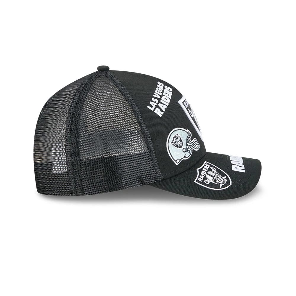 Pictured is this NFL All Over Las Vegas Raiders 9FORTY M-Crown A-Frame Trucker cap in black. 6