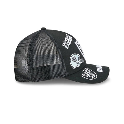 Pictured is this NFL All Over Las Vegas Raiders 9FORTY M-Crown A-Frame Trucker cap in black. 6