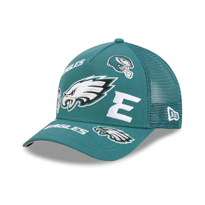 Pictured is this NFL All Over Philadelphia Eagles 9FORTY M-Crown A-Frame Trucker cap in dark green. 1