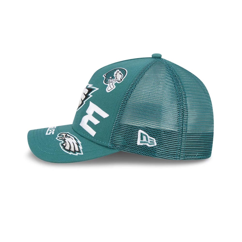 Pictured is this NFL All Over Philadelphia Eagles 9FORTY M-Crown A-Frame Trucker cap in dark green. 5