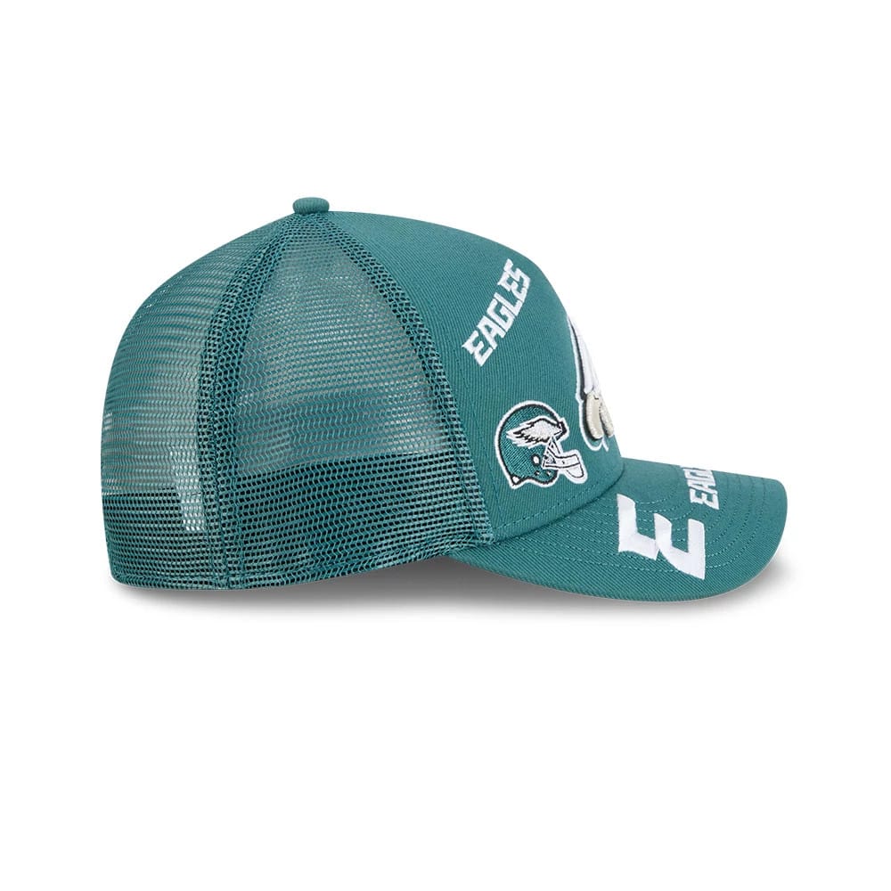 Pictured is this NFL All Over Philadelphia Eagles 9FORTY M-Crown A-Frame Trucker cap in dark green. 6